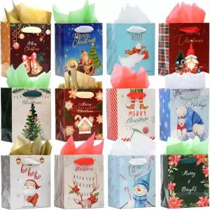 크리스마스 홀리데이 파티 12가지 디자인(5 x 6.25 2.9인치) 티슈페이퍼 및 손잡이가 있는 니후에크네 12팩