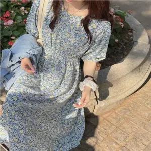 [하프클럽/셀러허브_여성트랜드패션]패턴 원피스 청순 롱 꽃무늬 허리 블루