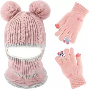 새티니어 키드 걸스 겨울 모자 장갑 세트 핑크 플리스 안감 따뜻한 스키 마스크 이어플랩 후드 해골 캡