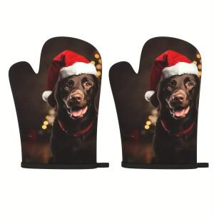 크리스마스 강아지 오븐 장갑 2개 세트 산타 모자 착용 갈색 내열성 주방 베이킹 및 그릴용 긴