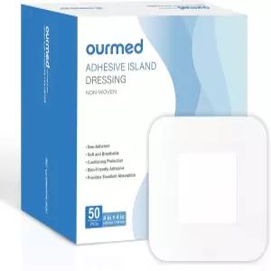 아워메드 아일랜드 드레싱 테두리 거즈 4 x (2 2 흡수 패드) 50팩 고흡수성 라텍스 및 고무가 없는 자가