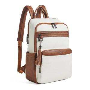 [미국배송] 여성용 MROEDE 가죽 노트북 백팩 수납공간이 있는 15.6인치 노트북 휴대용 여행용 캐주얼 데이팩 비즈니스 위켄더 칼리지 베이지