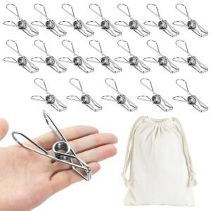 대형 금속 옷 핀 튼튼함(20팩), 8.6cm(3.4인치) 스테인리스 스틸 와이어 빨래집게 야외 실내, 보관 가방 포함, 두꺼운 2.5mm 녹 방지 세탁 클립, 튼튼한 및 클립