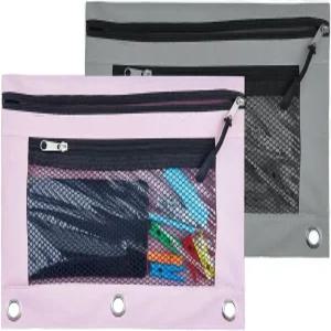 링 바인더 3개용 연필 파우치 메쉬 창이 있는 레이어 지퍼 2개 옥스포드 클리어 PVC 홀더 문구 정리 가방