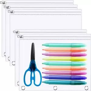 린시아 5팩 투명 펜슬 파우치 3개용 지퍼 링 바인더 포켓 삽입 가방 10 x 7인치 사무실용 그로밋이 강화된