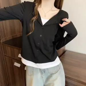 투피스 여성 면 브이넥티 브이넥 얇은 코트 봄가을 긴팔 티셔츠 빅사이즈 콤비네이션 가짜 상의 OP3