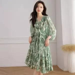 원피스 스커트 여자 예쁜 쉬폰 긴팔 봄가을 브이넥 슬림핏 A라인 SPO마켓3