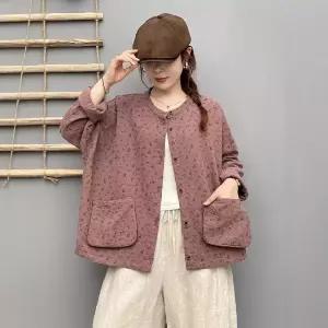 면 봄 여성패션 린넨마 자켓 이중 마 프린트 코트 라운드 톱 DL1