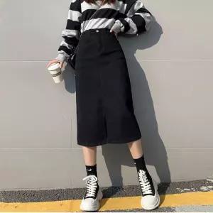 여성 블랙 앞트임 롱스커트 A라인 스커트 날씬핏 치마 XIf7+6OLQ