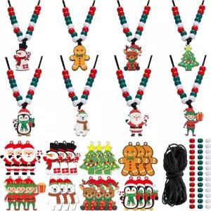 24세트 크리스마스 비즈 대량 목걸이 산타 눈사람 트리 진저브레드 엘프 펭귄 엘크 펜던트가 포함된 레드