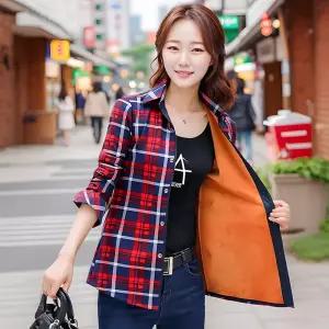 원+원 심플핏 빨간 여성 체크 남방 기모 셔츠