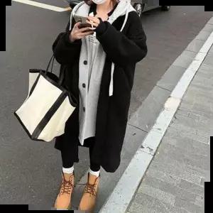 여성 뽀글이 후드 롱코트 양털 후디 단추 후리스코트