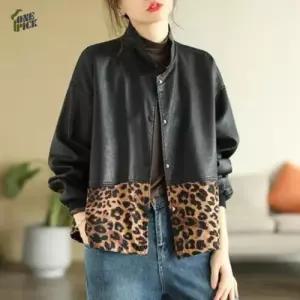 여성용 검정 상의 카고 재킷 코트 패치 복고풍 루즈핏 PU가죽 OP1