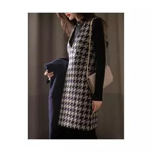 원피스 스커트 여친 모직 체크 브이넥 루즈핏 나시 추동 멜빵 조끼 우아한 MF3