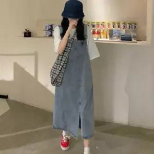 여성 유니크한 트임 언발란스 데님 롱 멜빵치마 brP6+2Zzd