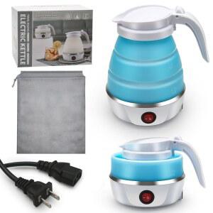 여행용 주전자 전기 소형 접이식 휴대용 주전자, 캠핑용 실리콘 온수 보일러 티포트, 분리형 전원 코드로 보관이 간편 (블루 프로)