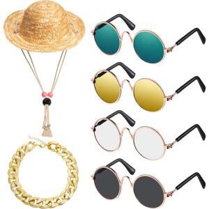 위우데이 6피스 개 고양이 의상, 반려동물 선글라스, 인조 골드 체인 목걸이가 달린 여름 밀짚 모자, 강아지 소형견(귀여운 스타일)을 위한 클래식한 재미있는 액세서리