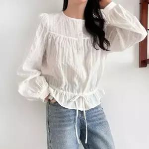 [NS홈쇼핑][샵앤] 여성 라운드넥 가슴핀턱 밑단셔링 코튼 블라우스 NYS-WBL-5141..