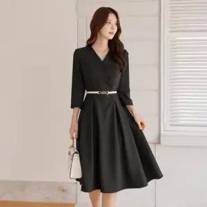 [시크라인] 페이로 브이넥 7부 벨트 플레어 원피스