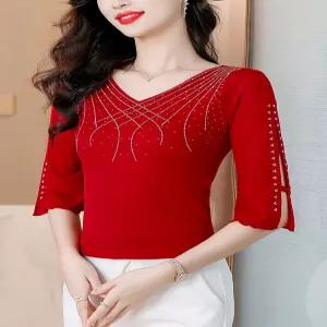 여성 라인댄스복 7부 댄스복 메쉬 소매 무용 프릴 반짝이 사교 레이스 상의 차밍 블라우스