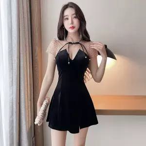 YDLYQXG066 빅 사이즈 여름 핀턱 플레어 파티복 댄스복 클럽의상 섹시 홀복 미니원피스