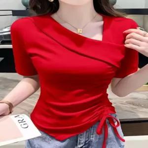 라인 스트링 반팔 사선 슬림 asd30 디자인 티셔츠 셔링 상의 사이드 댄스복 칼라 탑