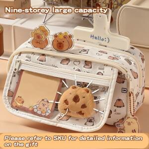 4피스 귀여운 카피바라 필통 세트, 대용량, 다층, 캔버스 가방, 다기능 문구 보관함, 적합