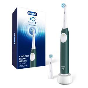 Oral-B iO 시리즈 2 충전식 전동 칫솔 스타터 키트, 포레스트 그린, 브러시 헤드 2개 포함 - 잇몸을 보호하기 위한 자동 압력 센서 3가지 모드 2분 타이머