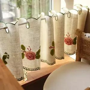 3D 장미 자수 주방 반창 커튼 미니 창문 가리개 캐비닛 바란스 커텐