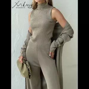 호환  용수 여성용 니트 수트 바지 세트 카키 터틀넥 조끼 롱 카디건 루즈 3 피스 세트 여성정장 세트 럭셔