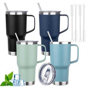 손잡이 스테인리스 여행용 커피 머그잔 뚜껑과 빨대 이중벽 진공 누수 온수 재사용 20온스 방지 포함된 텀블러 컵(멀티컬러-1,4팩)이 단열 가능한