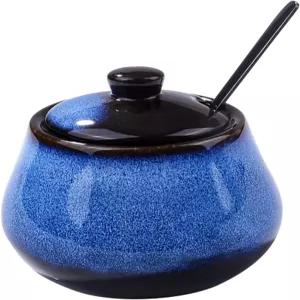 보실리 블루 세라믹 설탕 그릇 뚜껑 조미료 용기와 스테인리스 스틸 스푼으로 향신료 소금을 담급니다