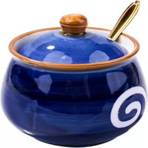 화이트니어 블루 세라믹 설탕 병 뚜껑과 황금 스푼 - 커피 차 향신료 베이킹 필수품인 10.8온스 밀폐 주방