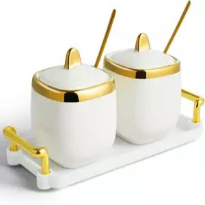 EABOSON 세라믹 설탕 그릇 2팩 후추 커피 향신료 소금(금)용 트레이 숟가락 및 뚜껑이 있는 도자기 조미료