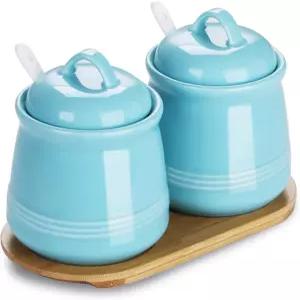 HAOTOP 세라믹 설탕 그릇 2팩 후추 커피 향신료 소금 12온스(파란색)용 트레이 숟가락 및 뚜껑이 있는