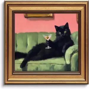 Devunaty 빈티지 골드 액자 블랙 캣 마티니 벽 아트 칵테일 바 카트 장식 녹색 소파 캔버스 프린트의