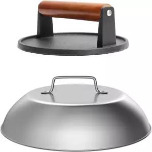 SafBbbcue 원형 주철 스매시 버거 그릴 무게 프레스 툴 그리들 스티머 멜팅 돔 12인치 스테인리스 스틸