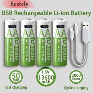 Bestely 1.5V 13600mAh USB AA 리튬 이온 충전지 고속 충전 Akku 포트 케이블을 사용한 2000 사이클