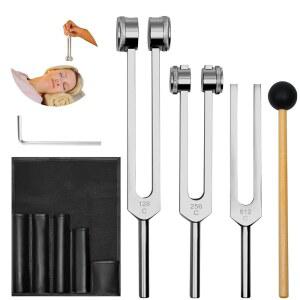 힐링 악기용 튜닝 포크 (128HZ, 256HZ, 512HZ) - 리플렉스 해머가 있는 세트, 필수 요가 /차크라 /사운드 테라피 /명상 초보자를 위한 사운드 악기