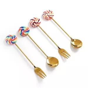 [셀러에이드]롤리팝 골드 티스푼 포크 4P 추석선물 커플 답례선물