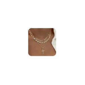 여성용 크로스 목걸이, 스태킹 가능한 레이어드 목걸이 고급 금 종이 클립 박스 플랫 마리너 체인 펜던트 CZ 다이아몬드 심플 주얼리 선물 _BI