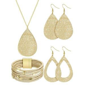 히카러 4피스 여성 글리터 주얼리 세트 발렌타인데이 신부 결혼식 다층 팔찌 인조 가죽 댕글 귀걸이 목걸이