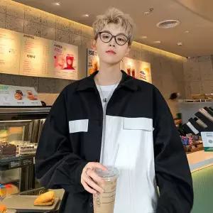 체크 루즈핏 가을 반반 셔츠 남성 댄디 트렌드 배색