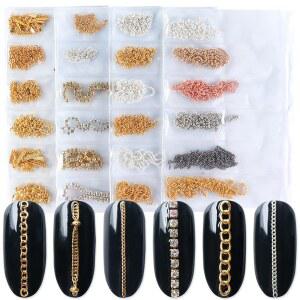 JERCLITY 24 스트립 네일 체인 4팩, 아트 골드 실버 합금 메탈 매력 여성 아트용 펑크 스터드 주얼리 액세서리