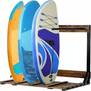 MyGift 프리스탠딩 수직 서핑보드 보관 랙 비치 하우스 스타일의 번트 우드 및 블랙 메탈 웨이크보드 SUP