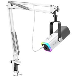 FIFINE USB/XLR 게임용 마이크 키트(헤드폰 잭/RGB/붐 암 포함) PC PS5/4 믹서 AmpliGame White-AM8TW용 다