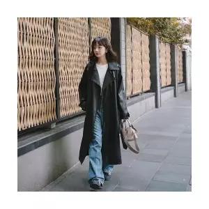 여친 검정 롱 빈티지 트렌치 스트링 pu 무스탕 코트 봄가을 가죽 원템3