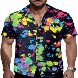 남성용 잔도 네온 셔츠 - 재미있는 하와이안 활기찬 트로피컬 프린트 버튼 다운 레이브 의상 상의 80년대