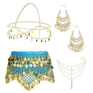 오라치오 4세트 여성용 벨리 댄스 액세서리, 힙 스카프 랩 벨트, 스몰 코인 헤어 체인 태슬 발찌 팔찌