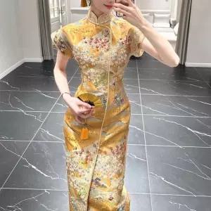 치파오원피스 치파오 고급 의상 코스프레 패턴 골드 반팔